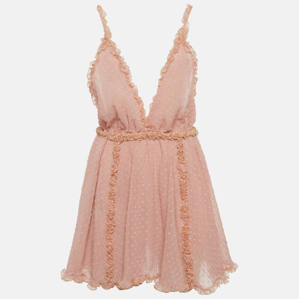 Chio Pink Swiss Dot Chiffon Frill Mini Dress S